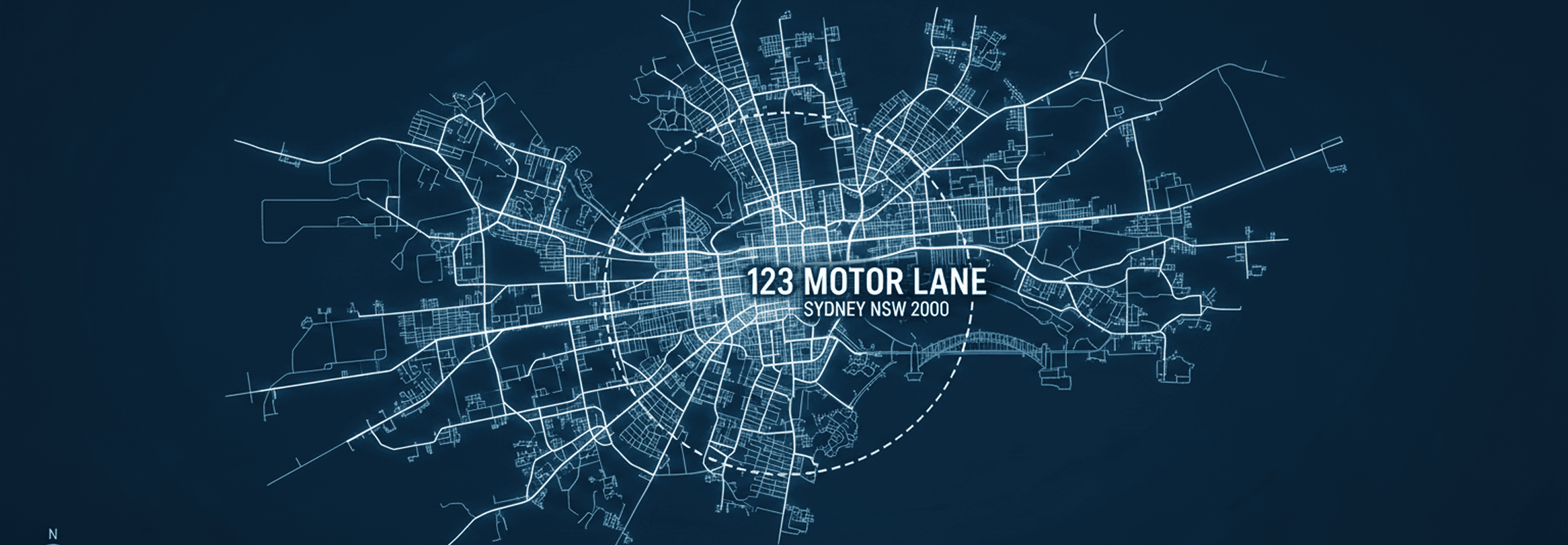 Stylised map of Sydney marking the BIKEX headquarters at 123 Motor Lane