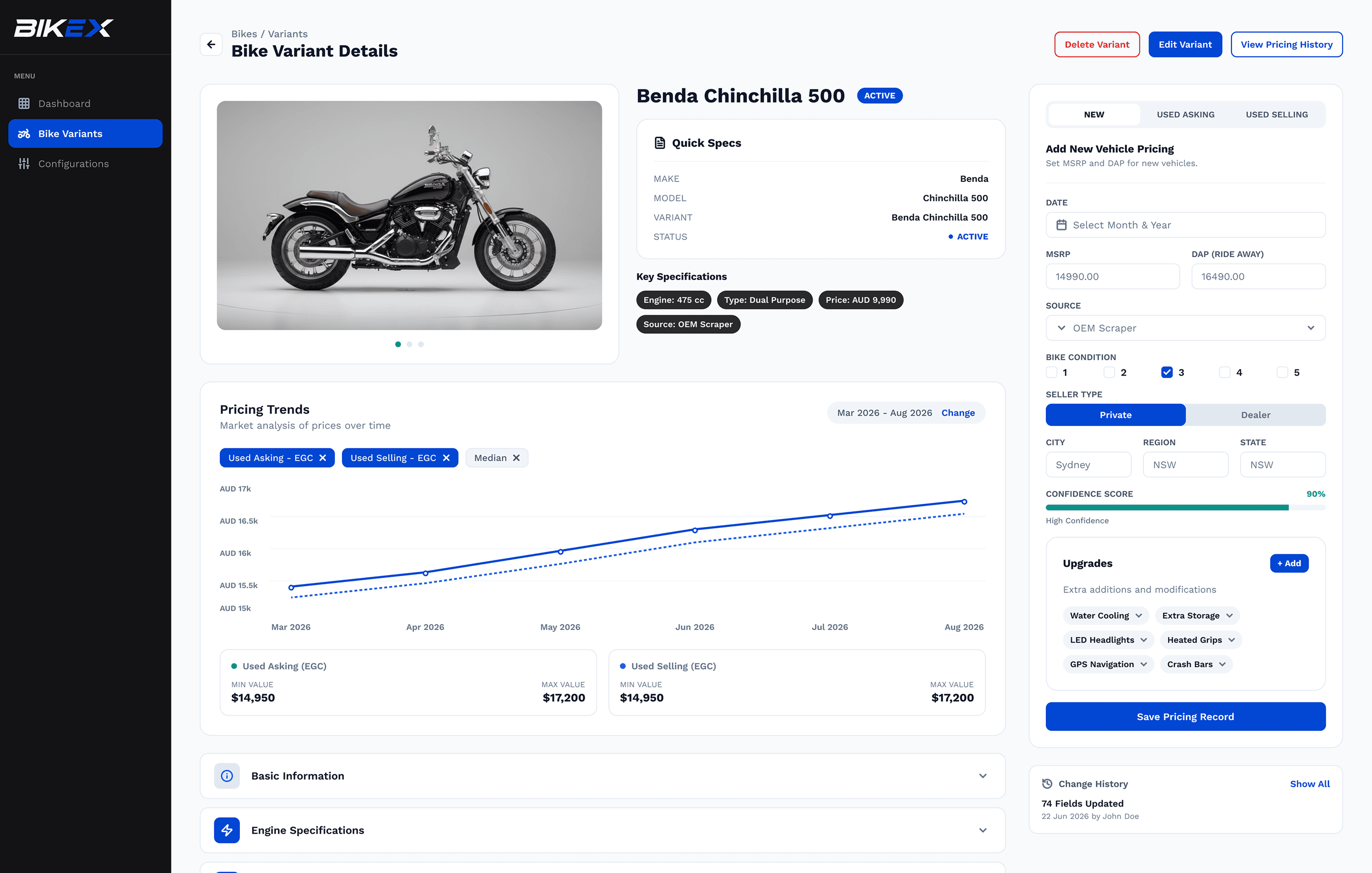 BikeX console showing the Bike Variant Details page for the Benda Chinchilla 500