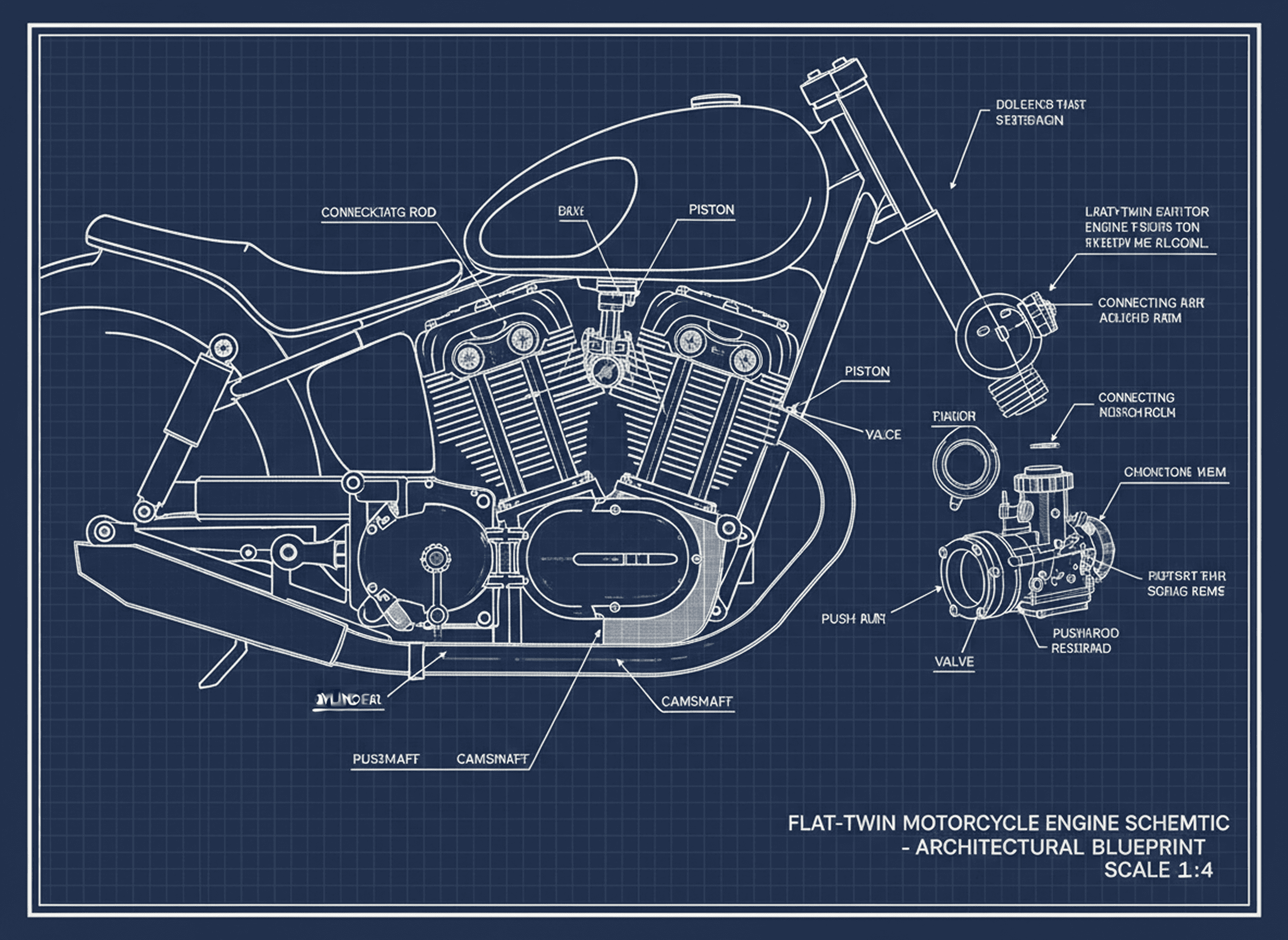 Blueprint-style engineering schematic of a motorcycle engine and frame
