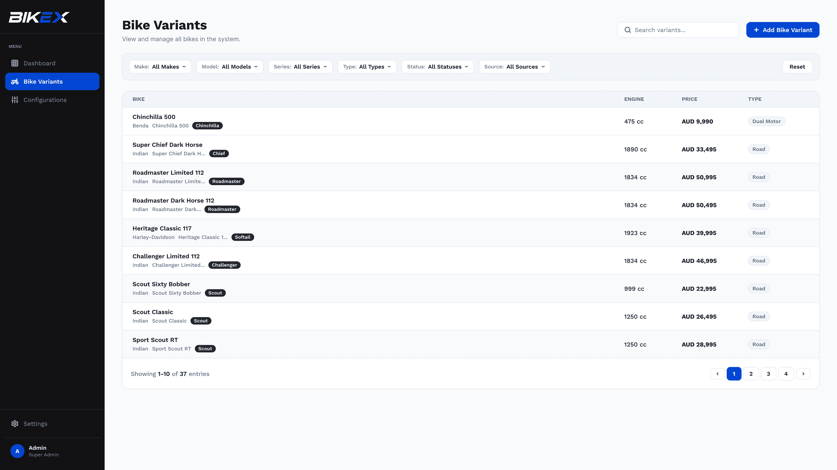 BikeX console showing the Bike Variants table with filters and pricing
